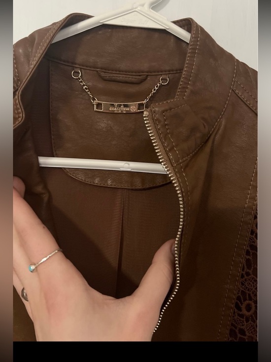 dark brown leather jacket with lace/ Brown Faux Leather Jacket with Lace Sleeves - Picture 2 of 4